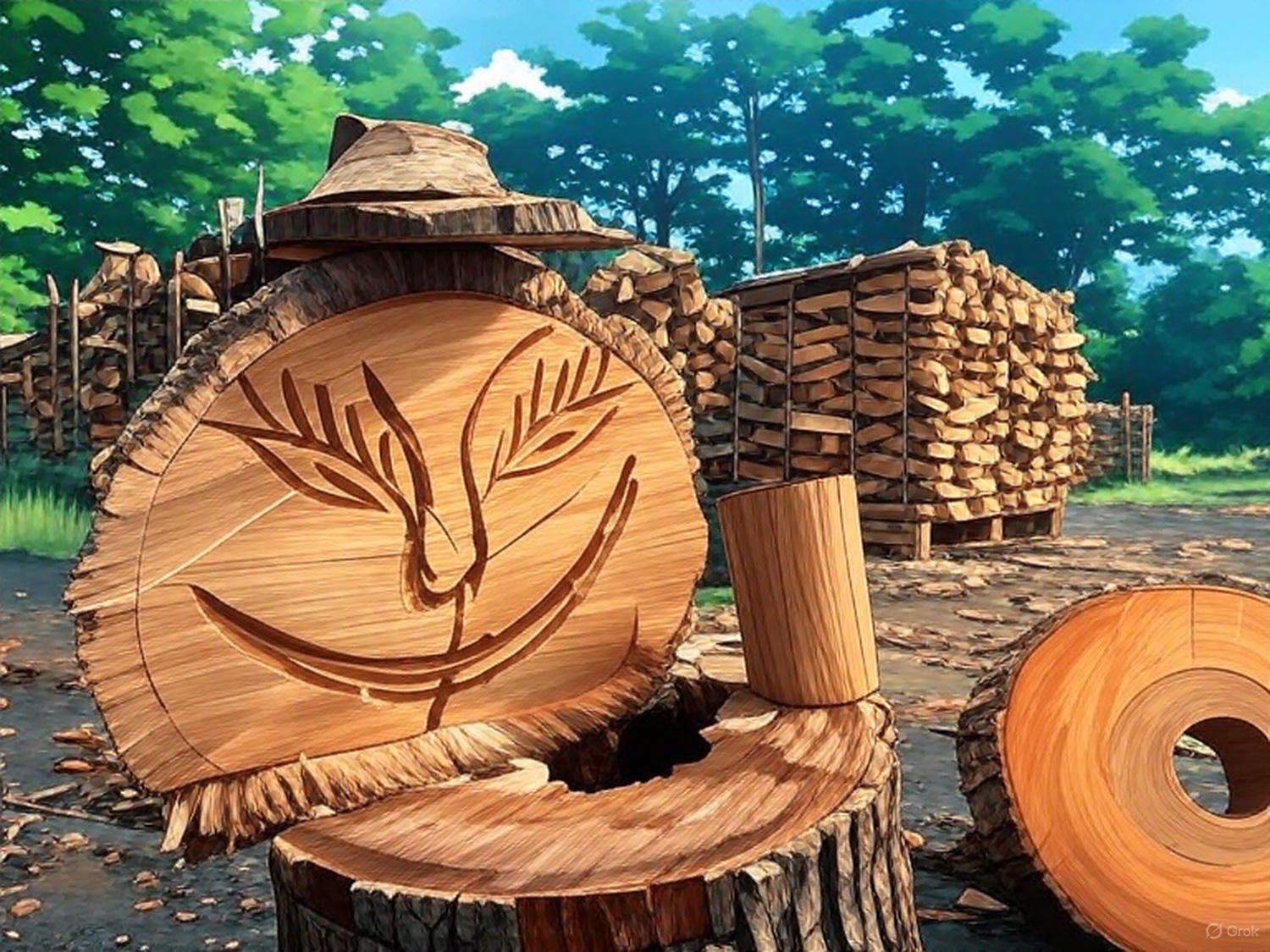 ROI Firewood's friendly carved log logo in a forest setting